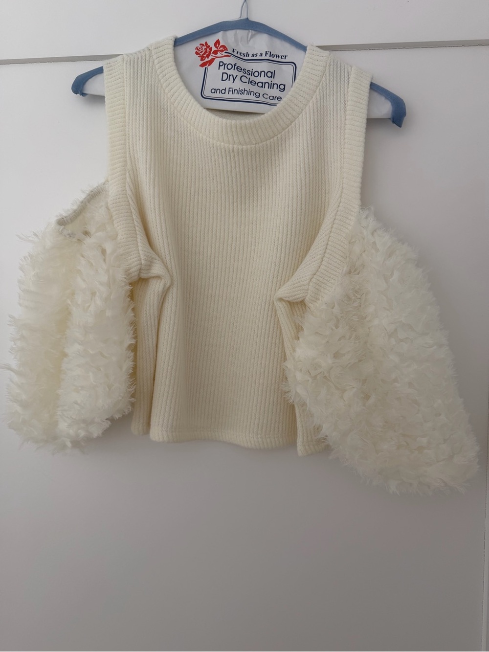 Zara Cream Off-Shoulder Rib Knit Sweater with Fluffy Statement Sleeves